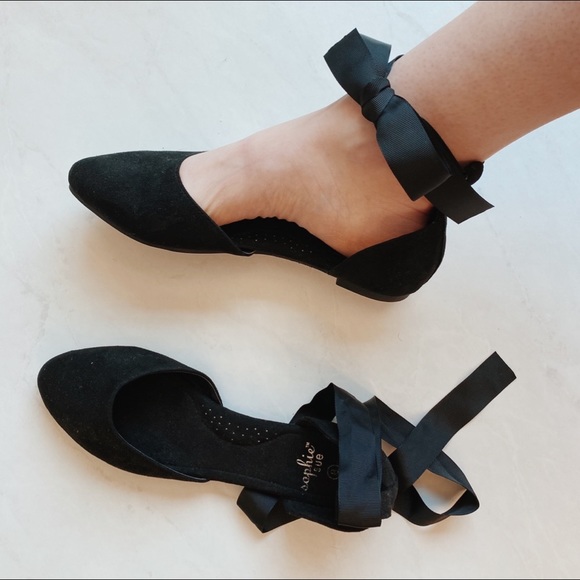 sophie sue Shoes - Sophie Sue Black Lace Up Bow Flats Basic